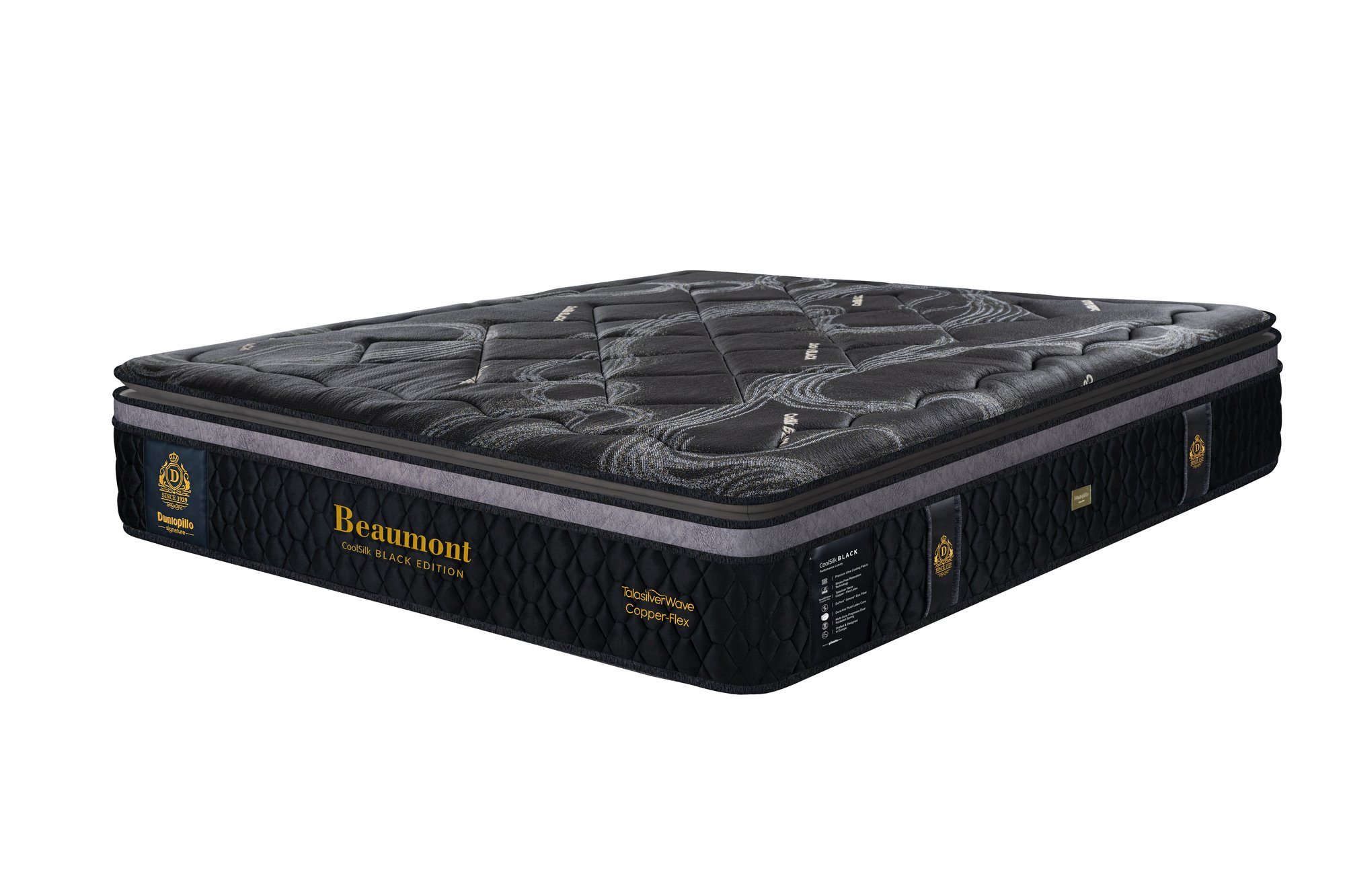 Nệm lò xo cao cấp Dunlopillo CoolSilk Black Beaumont 38cm – góc nghiêng phải Nệm lò xo cao cấp Dunlopillo CoolSilk Black Beaumont 38cm – góc nghiêng phải