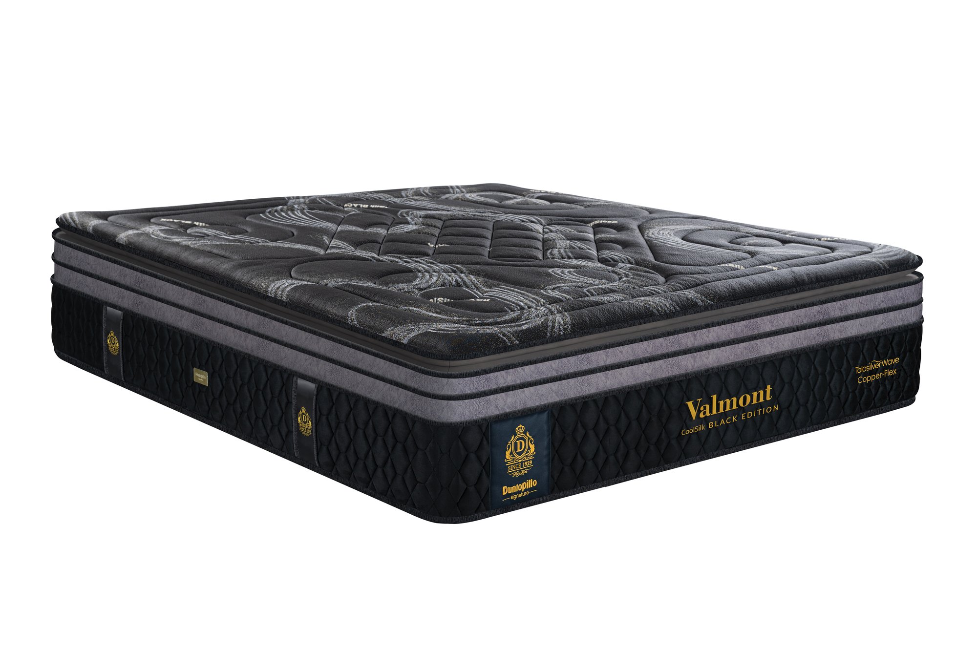 Nệm lò xo cao cấp Dunlopillo CoolSilk Black Valmont 42cm – góc nghiêng trái Nệm lò xo cao cấp Dunlopillo CoolSilk Black Valmont 42cm – góc nghiêng trái