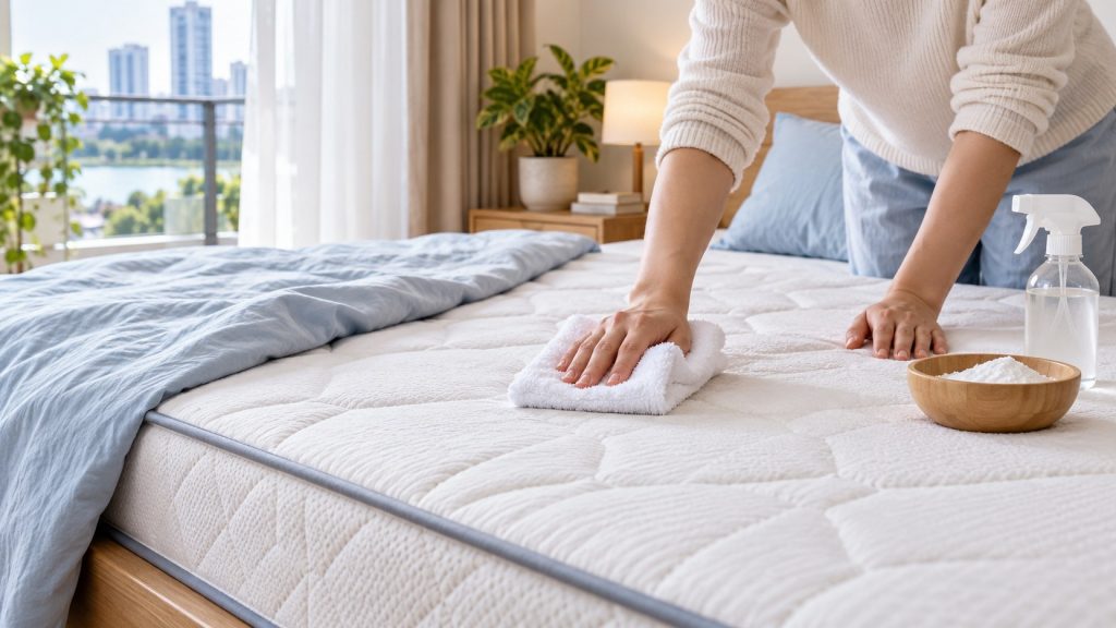 Thấm khô vùng nệm bị dính nước tiểu bằng khăn sạch