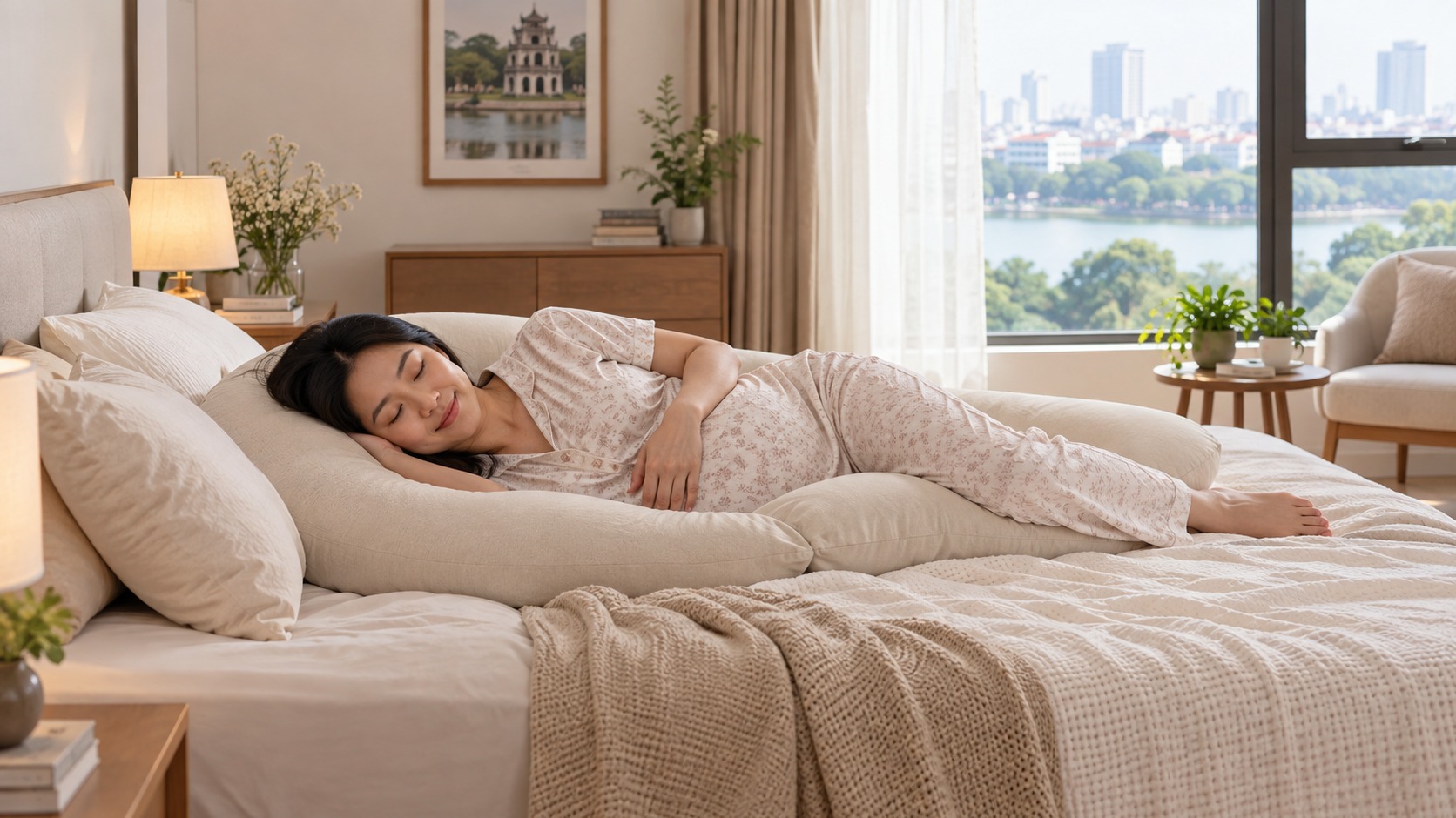 Bà bầu nằm nghiêng thư giãn trên nệm nâng đỡ trong phòng ngủ