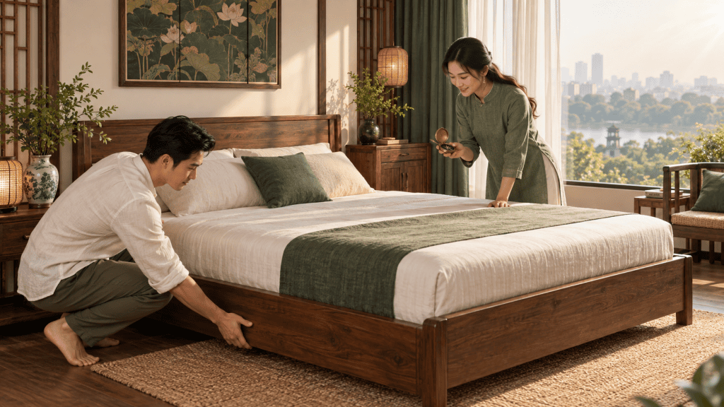 Gia đình chuẩn bị kê giường trong phòng ngủ hiện đại năm 2027
