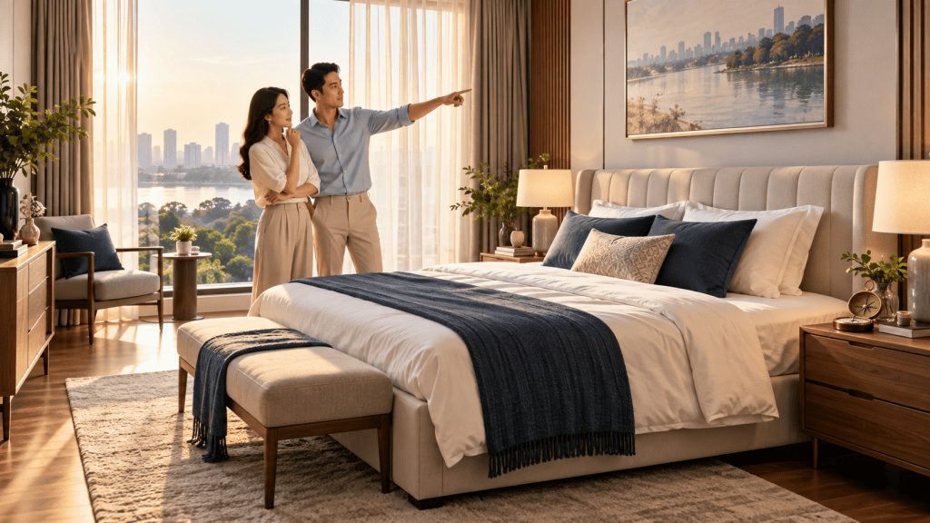 Phòng ngủ hiện đại được xem hướng kê giường bằng la bàn