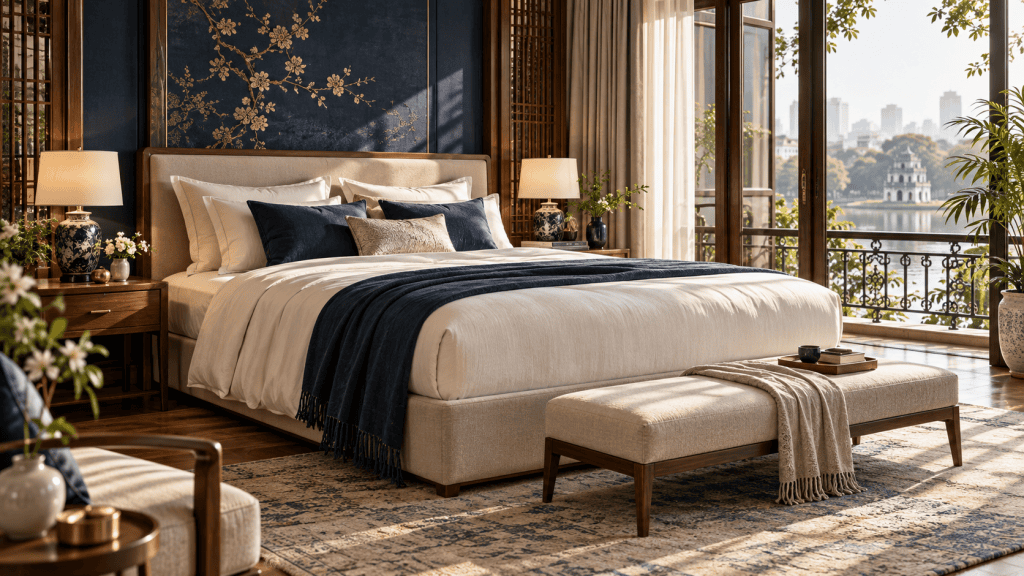 Không gian phòng ngủ hiện đại minh họa bộ sưu tập nệm Dunlopillo CoolSilk